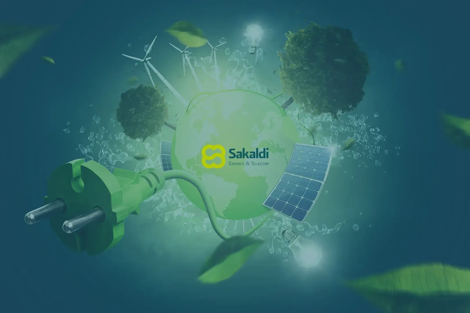 Sakaldi Energy & Telecom brand identity applied to a green energy themed cover illustration