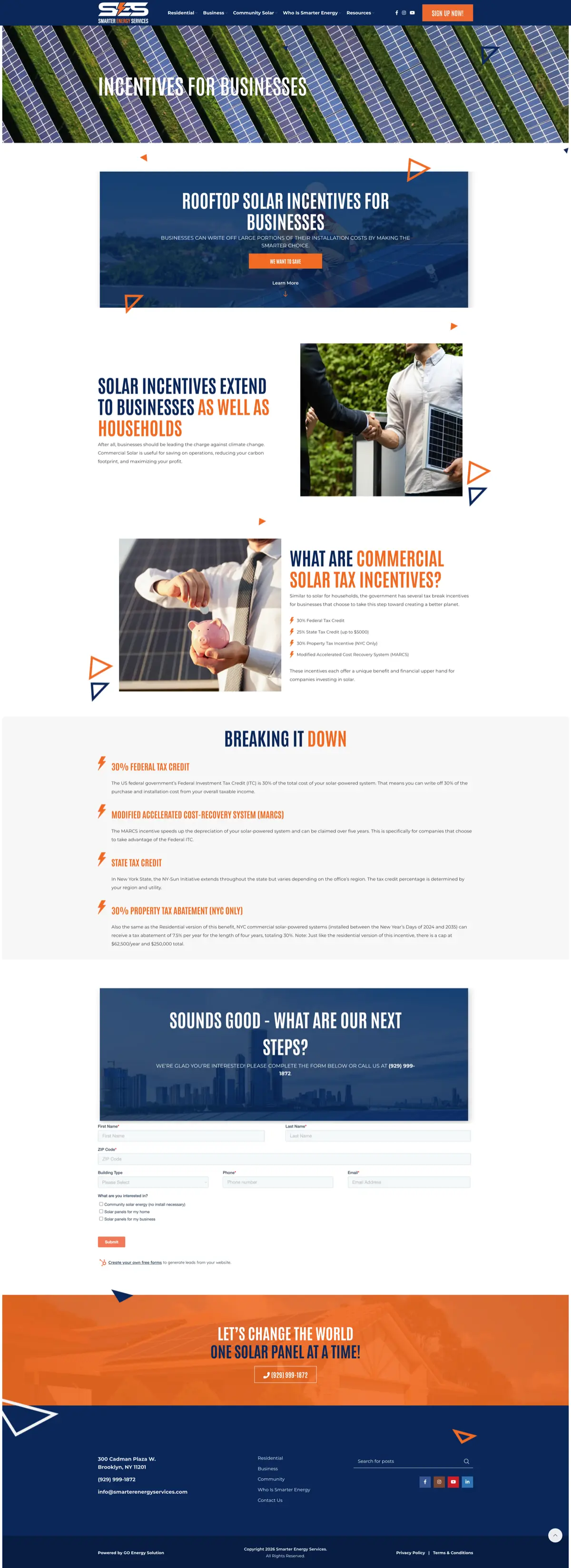 Business incentives page breaking down commercial solar tax credits and next steps