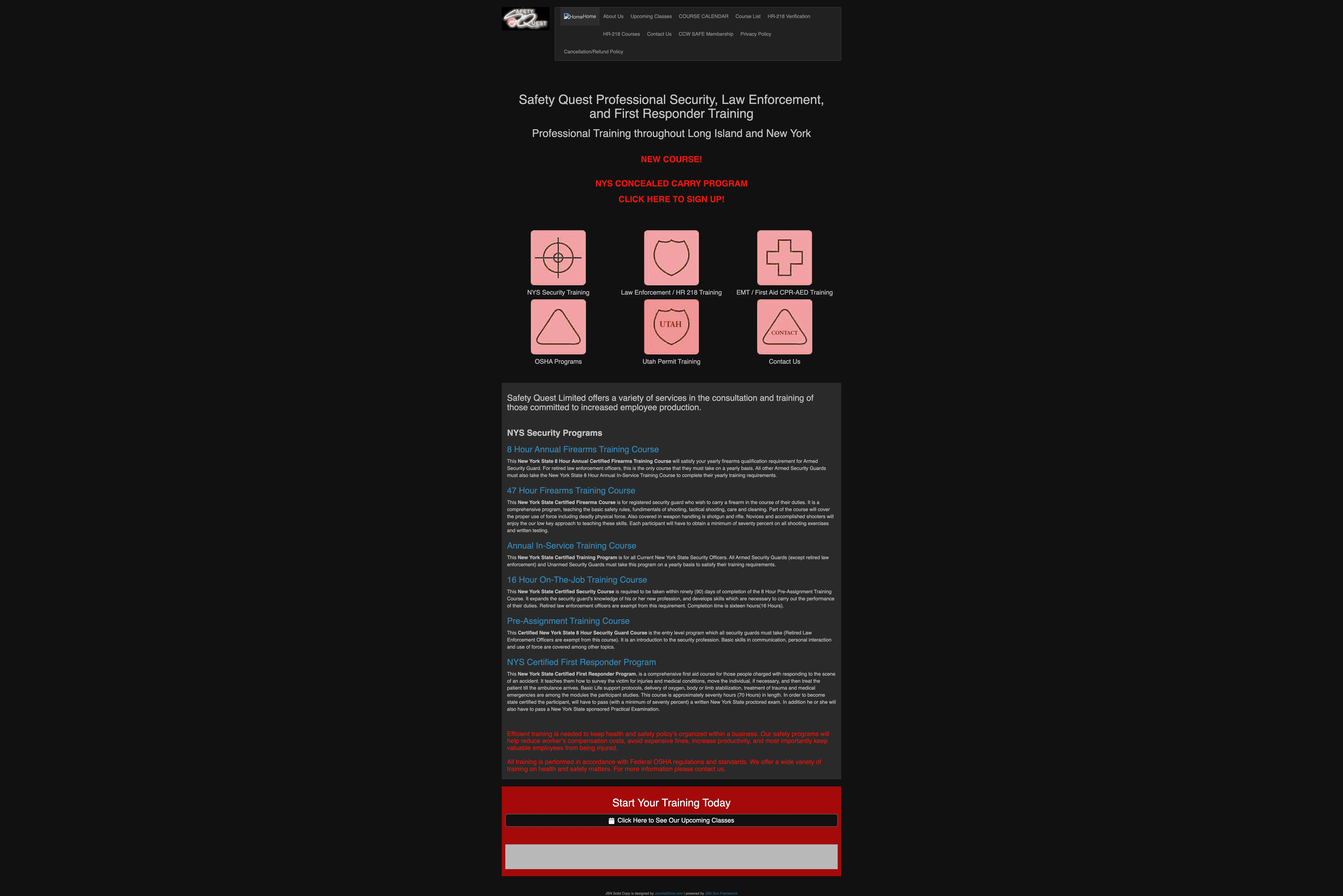 Safety Quest's previous Joomla website with icon-based navigation and outdated design