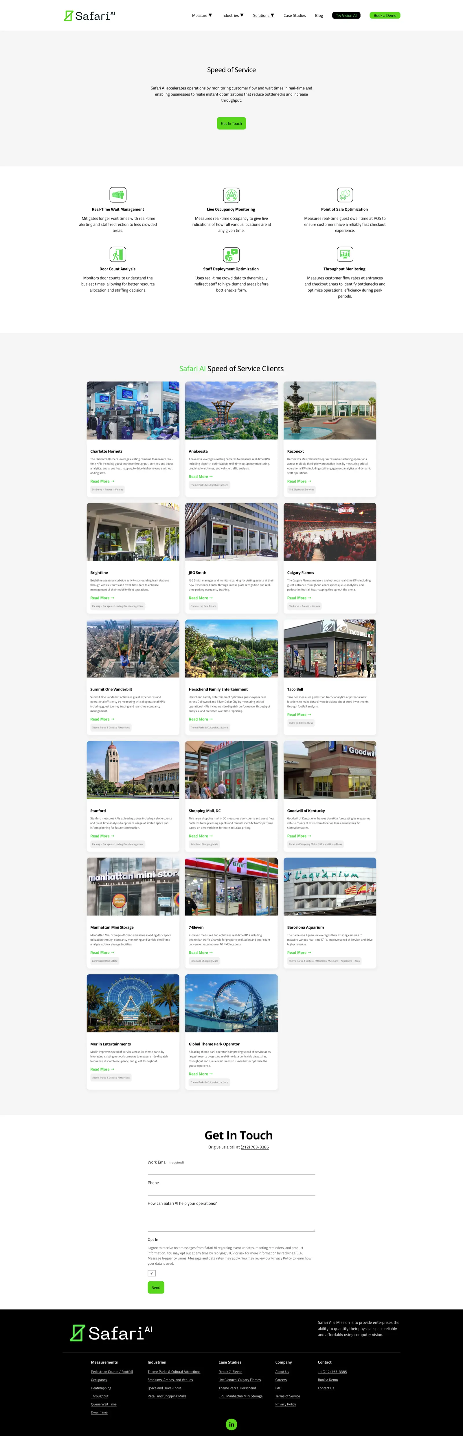Safari AI Speed of Service solution page with client grid showing theme parks, stadiums, and QSR deployments