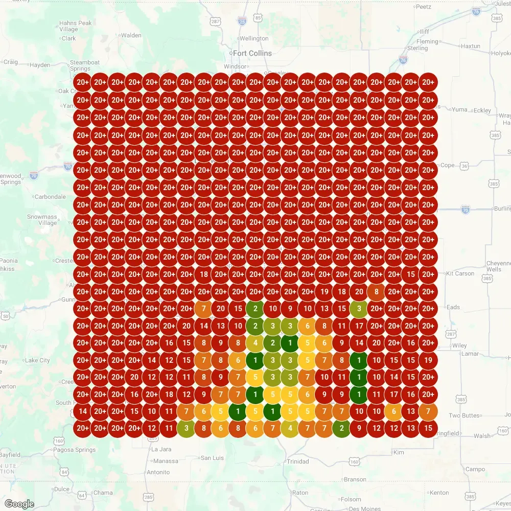 Local SEO heatmap showing top 10 rankings for 'wedding DJ' across 100-mile radius of Colorado with dominant positions in Pueblo area
