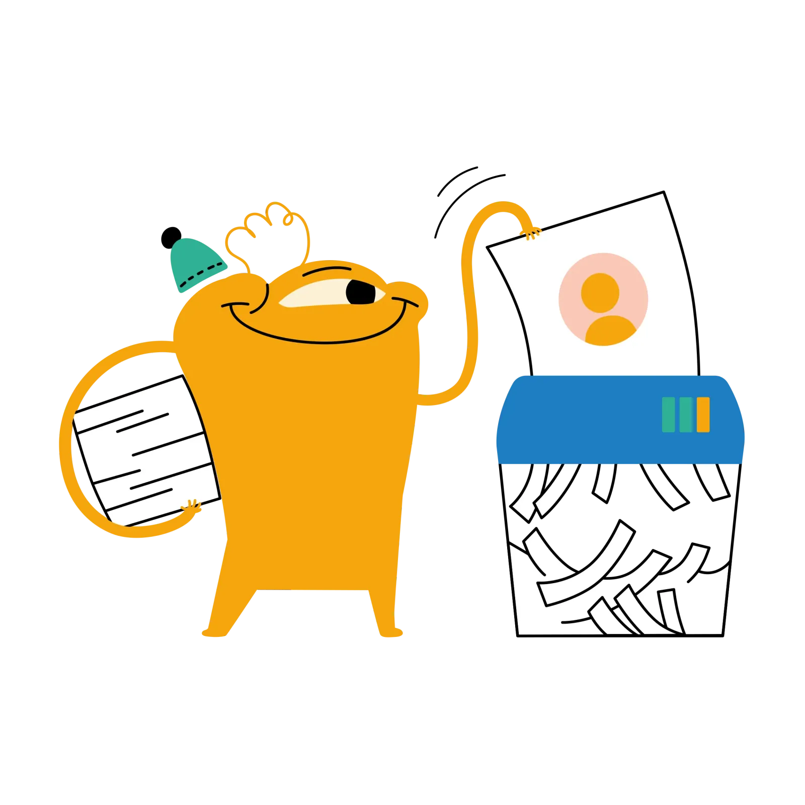 Illustrated character feeding documents into a paper shredder, representing ShredConnect certified product destruction services