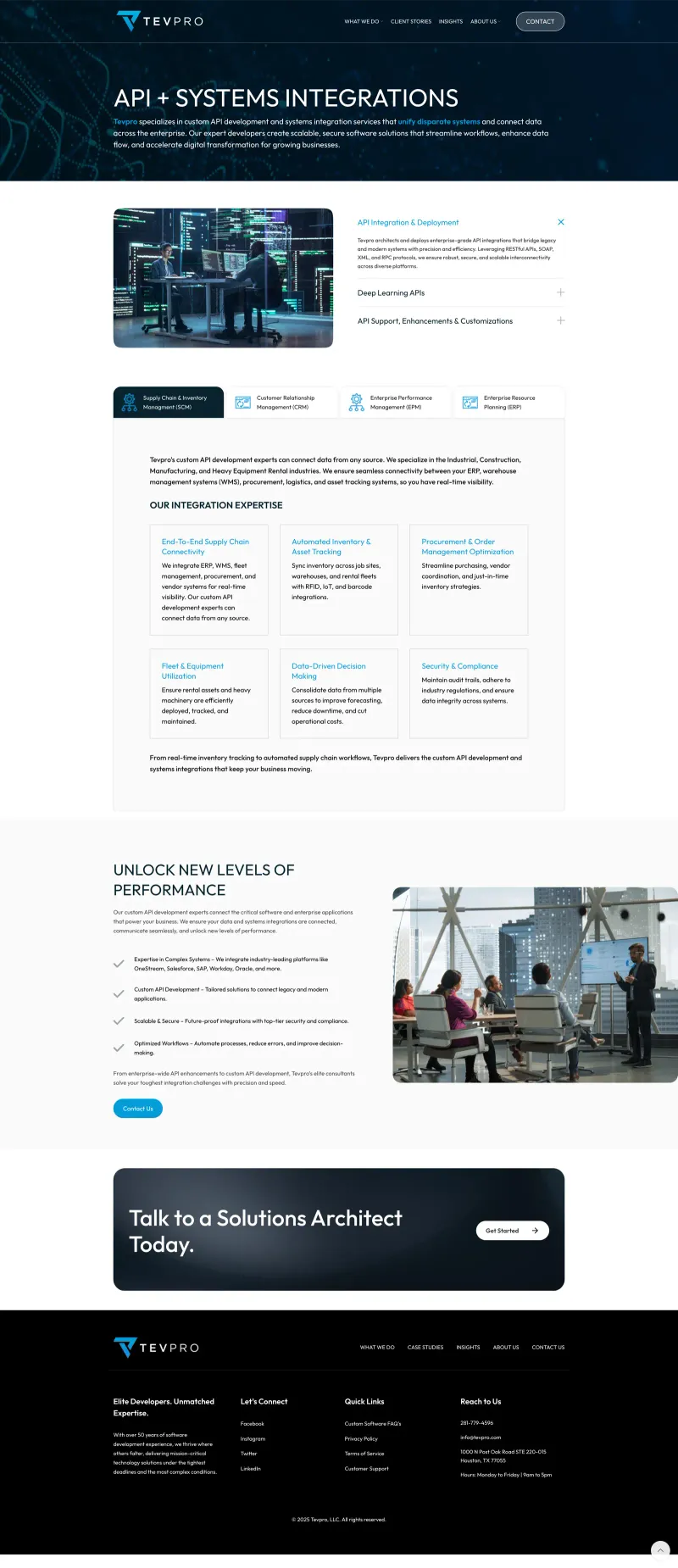 Tevpro API and Systems Integrations service page with capability grid