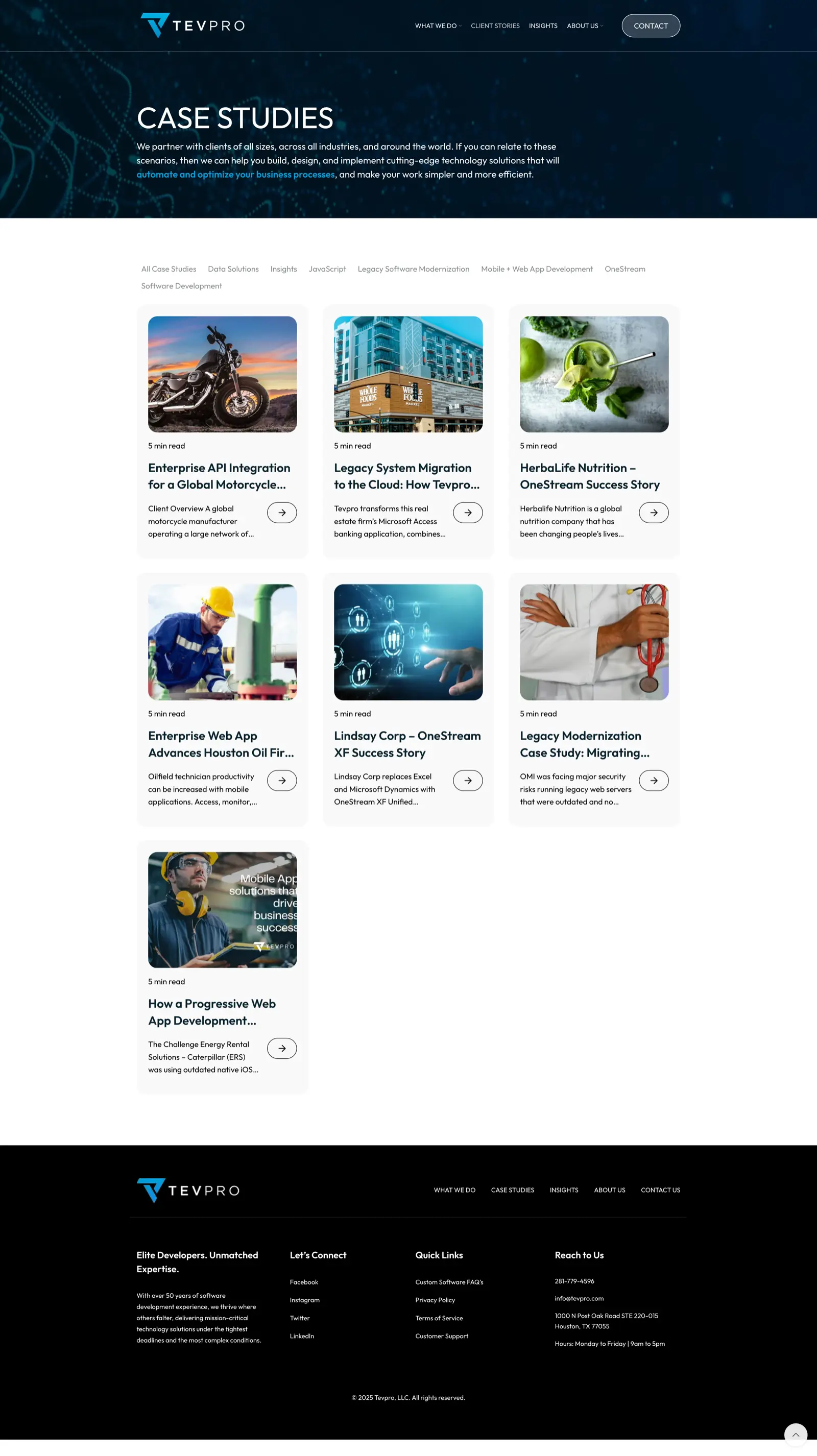 Tevpro Case Studies page with filterable project cards