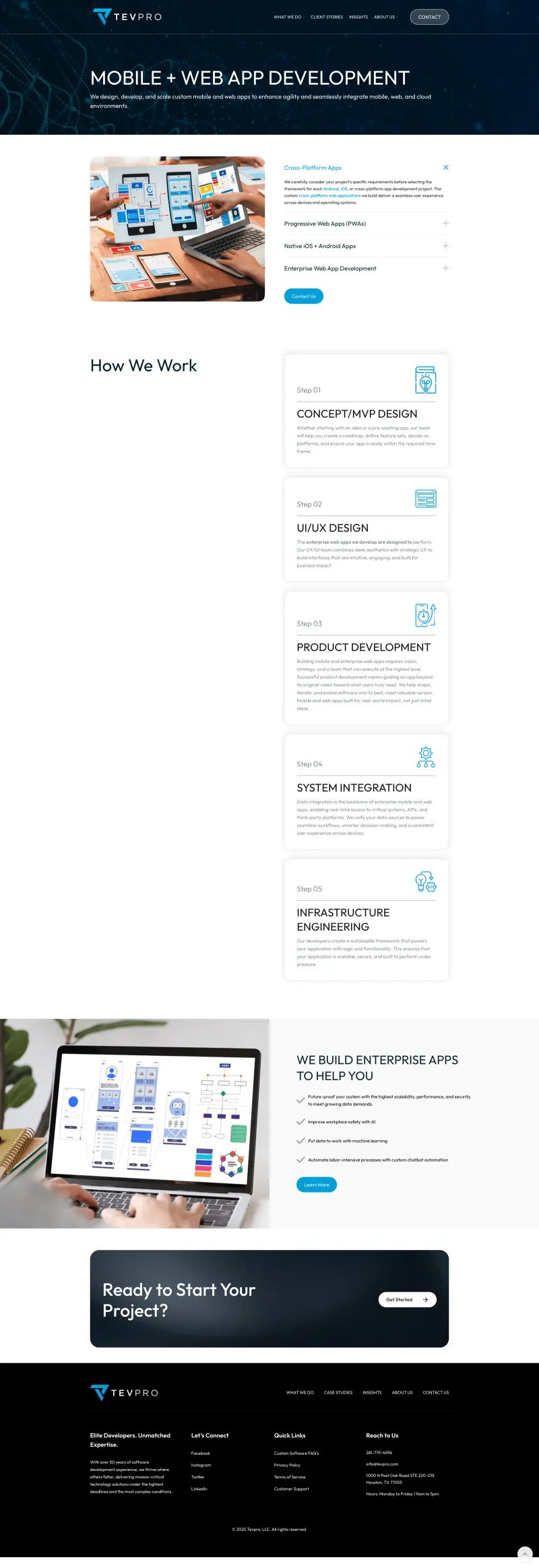 Tevpro Mobile and Web App Development service page with 5-step process breakdown