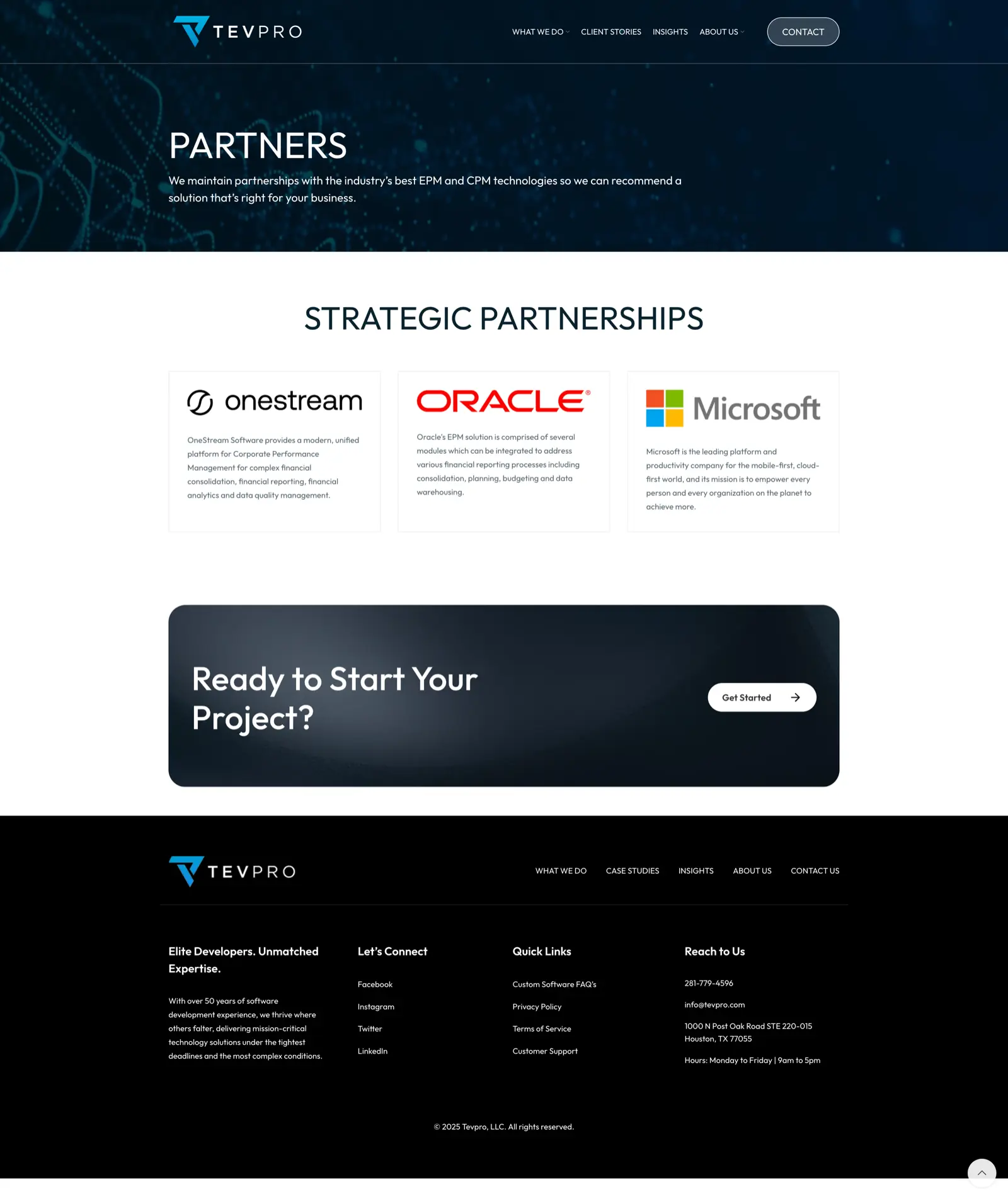 Tevpro Partners page featuring OneStream, Oracle, and Microsoft