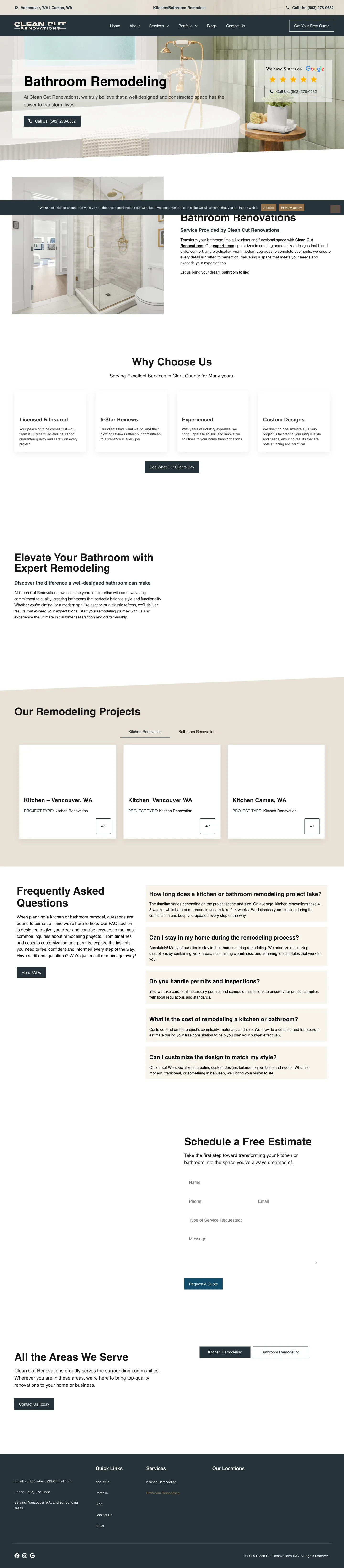 Bathroom remodeling service page with consistent brand styling and angled section dividers