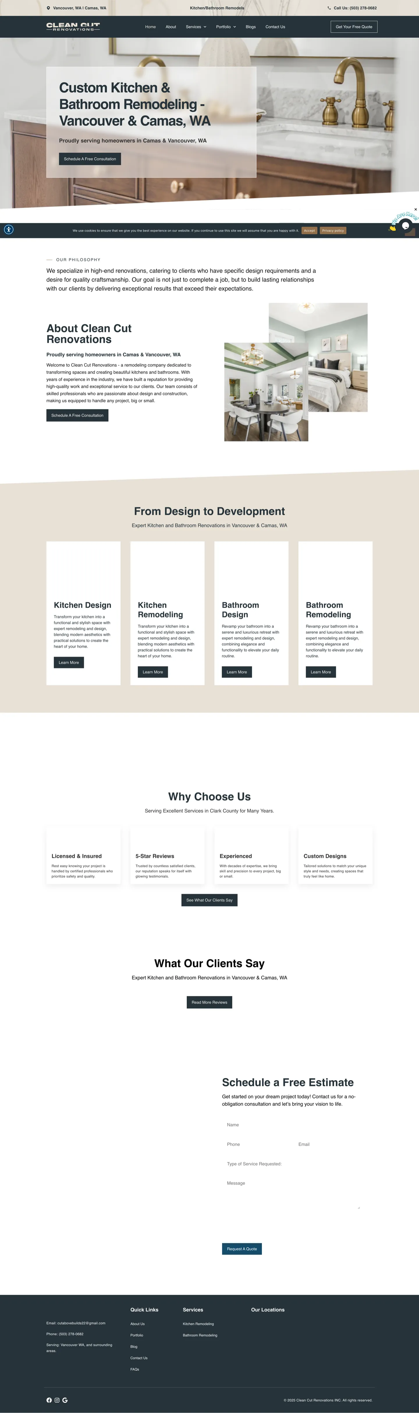 Clean Cut Renovations homepage with kitchen hero photo and service category cards