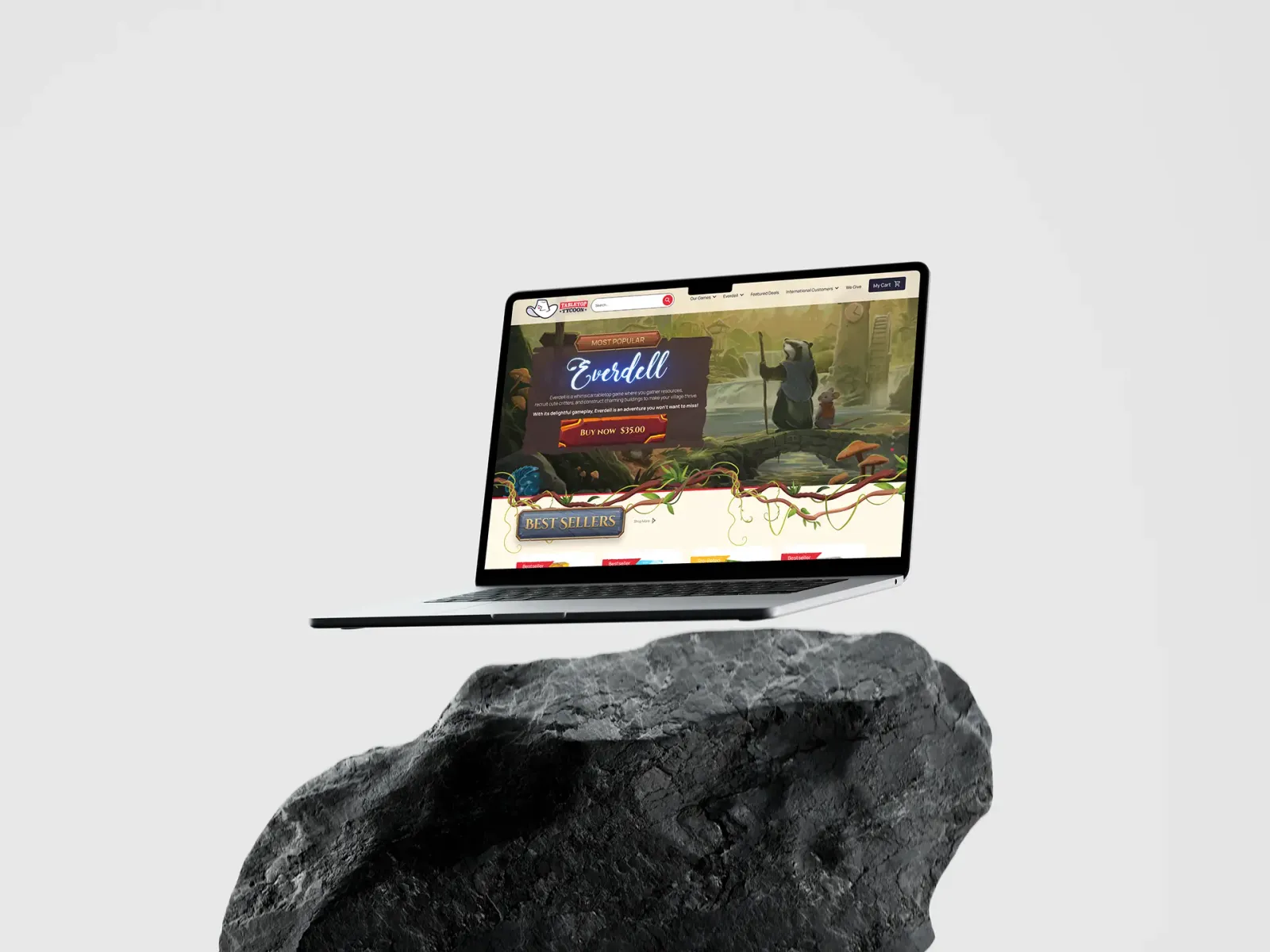 Laptop mockup floating above a dark charcoal stone displaying the Tabletop Tycoon e-commerce website featuring the board game Everdell with a fantasy forest hero banner, a Buy Now $35 button, and a Best Sellers section with vine-themed decorative borders